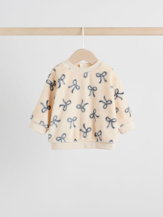 Cream/Grey Soft Velour Bow Print Jumper and Trousers Set (0mths-2yrs)