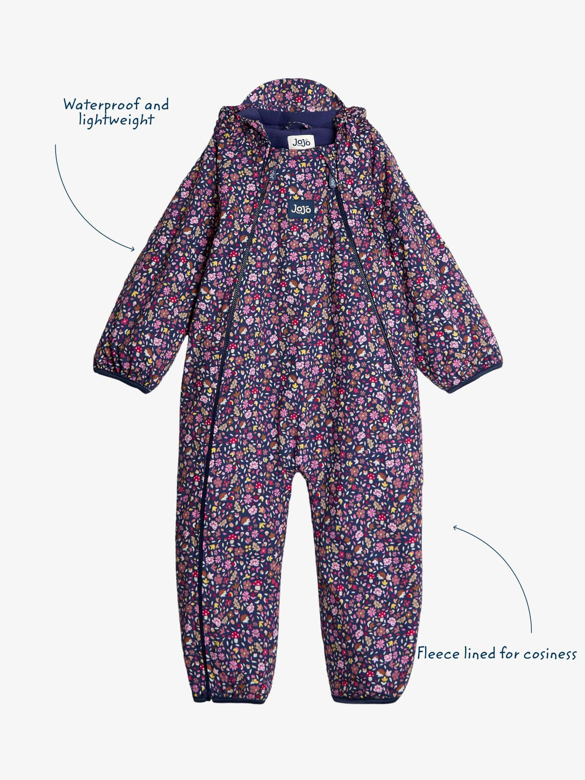 JoJo Maman Bébé Navy Hedgehog Fleece-lined Waterproof Puddle Suit
