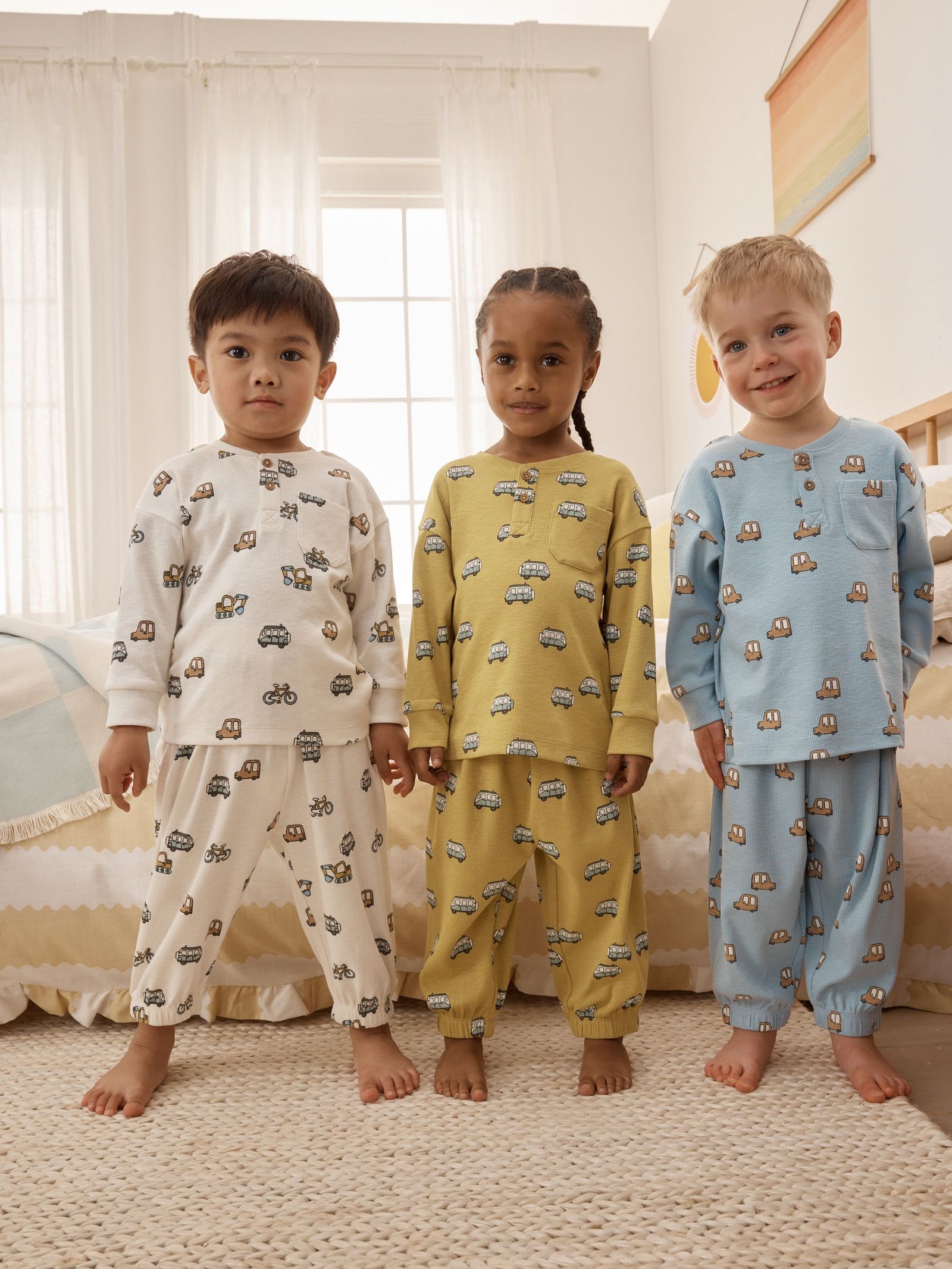 Blue/Ecru/Ochre Mini Transport Ribbed Pyjamas 3 Pack (9mths-12yrs)