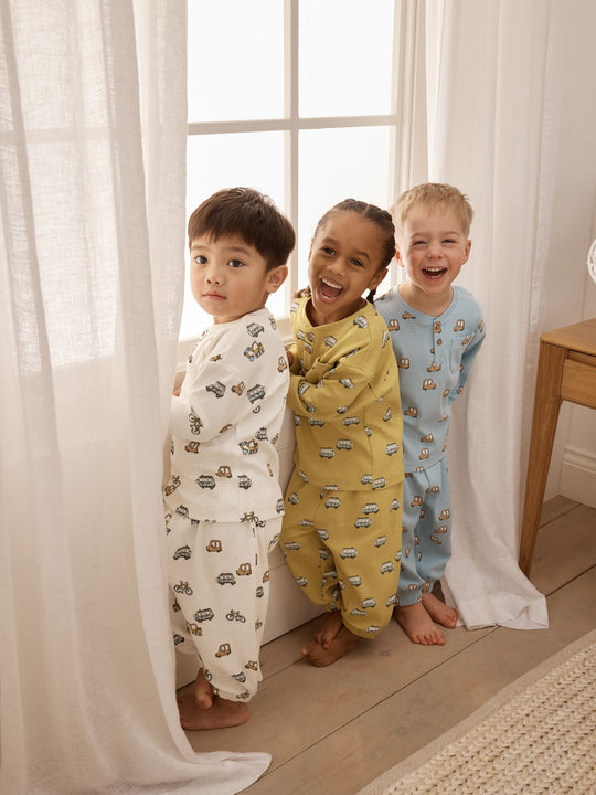 Blue/Ecru/Ochre Mini Transport Ribbed Pyjamas 3 Pack (9mths-12yrs)