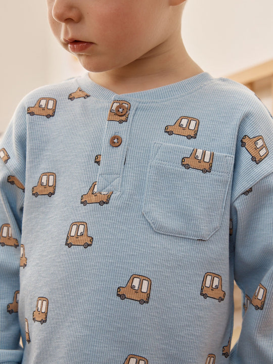 Blue/Ecru/Ochre Mini Transport Ribbed Pyjamas 3 Pack (9mths-12yrs)