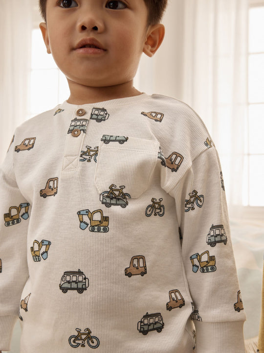 Blue/Ecru/Ochre Mini Transport Ribbed Pyjamas 3 Pack (9mths-12yrs)