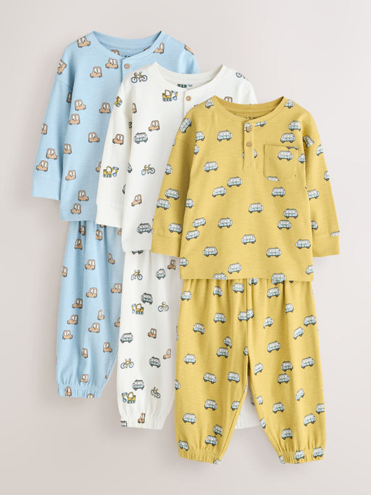 Blue/Ecru/Ochre Mini Transport Ribbed Pyjamas 3 Pack (9mths-12yrs)