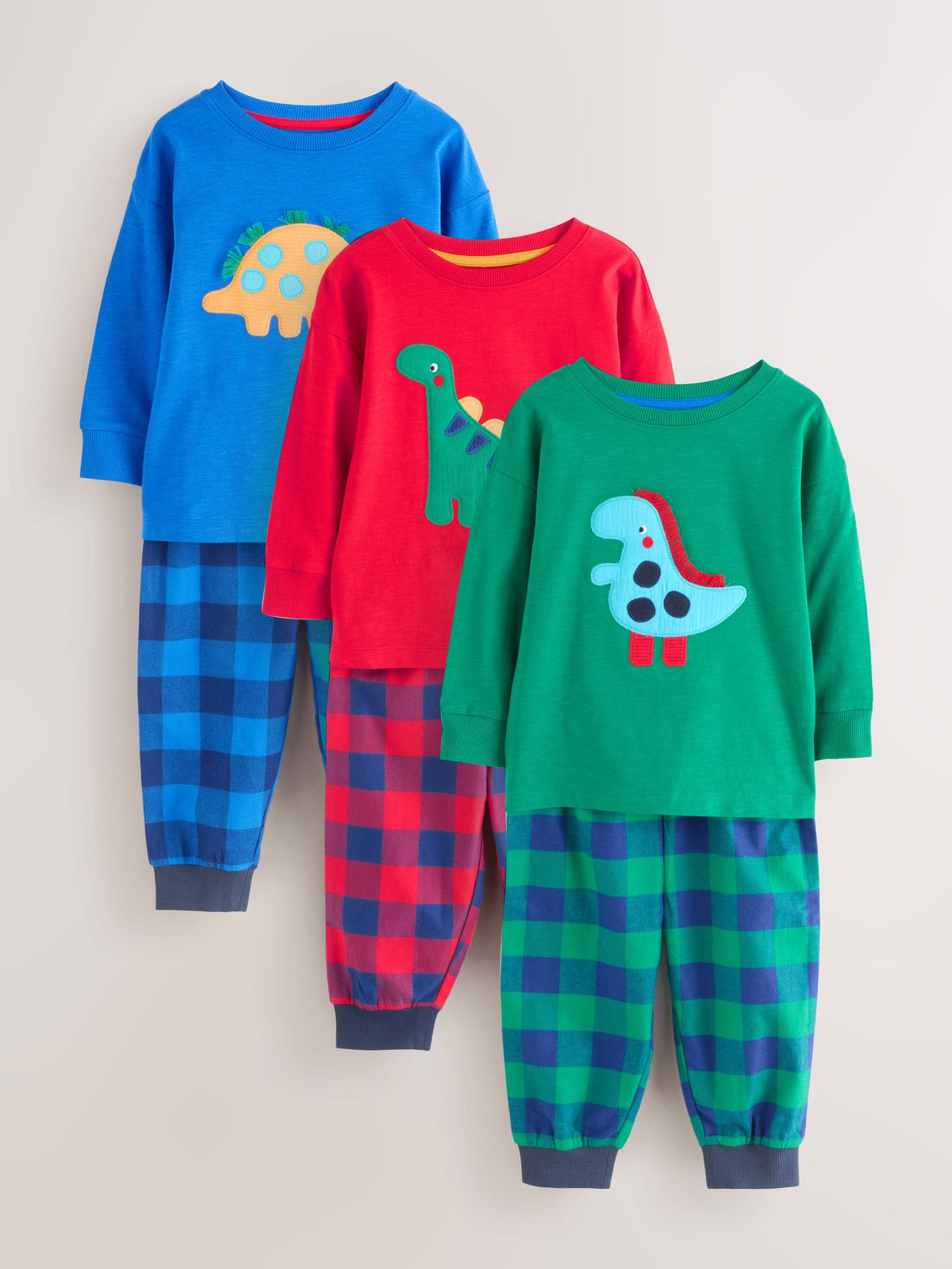 Red/Blue/Green Check Dinosaur Check Woven Bottom Pyjamas 3 Pack (9mths-12yrs)