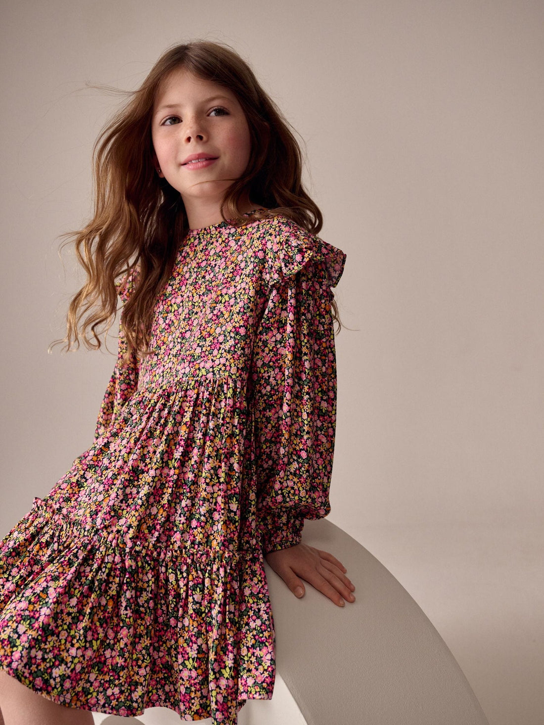 Berry Pink Ditsy Long Sleeve Ruffle Dress (3-16yrs)