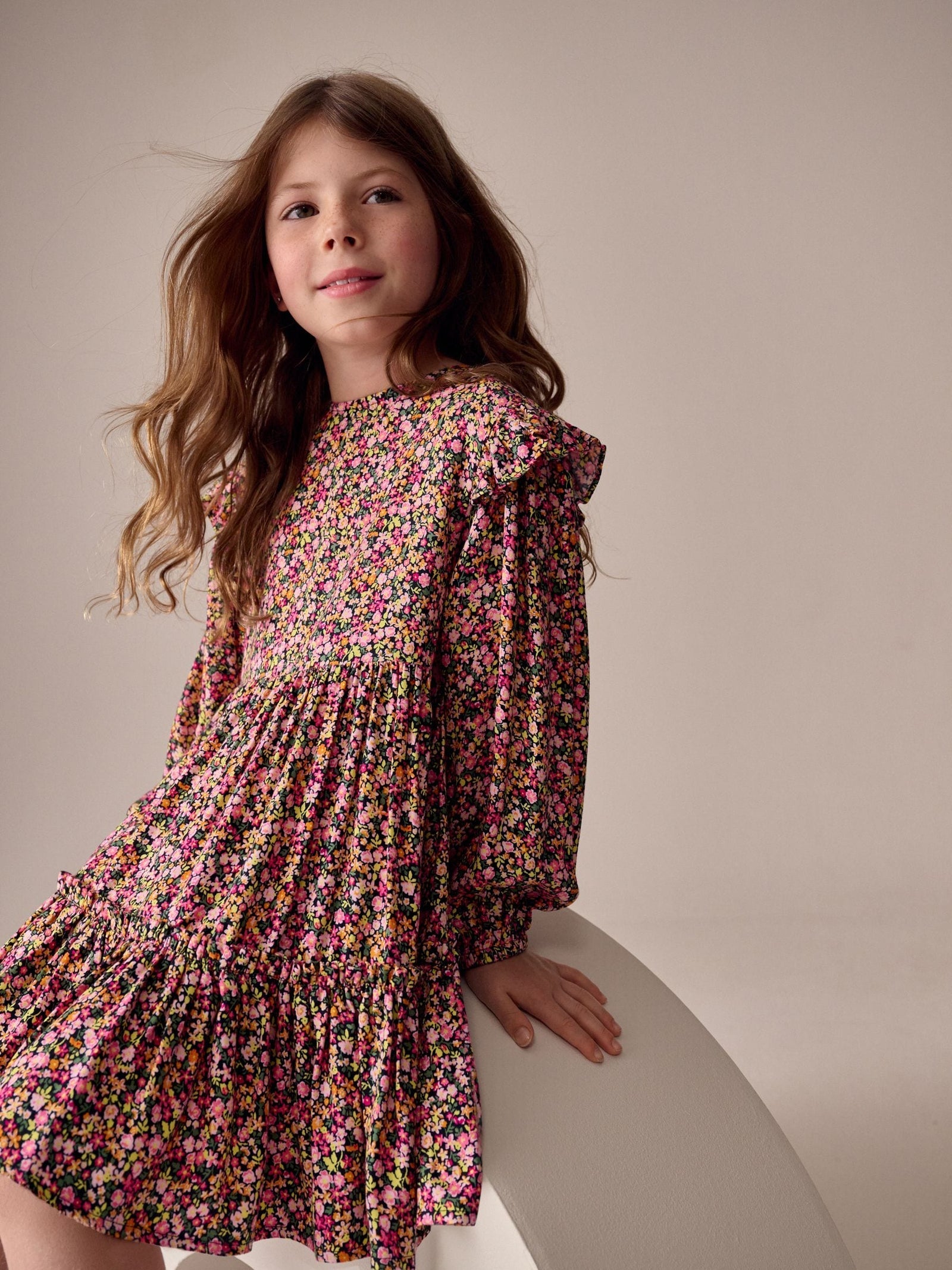 Berry Pink Ditsy Long Sleeve Ruffle Dress (3-16yrs)