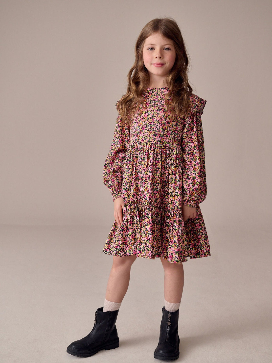 Berry Pink Ditsy Long Sleeve Ruffle Dress (3-16yrs)