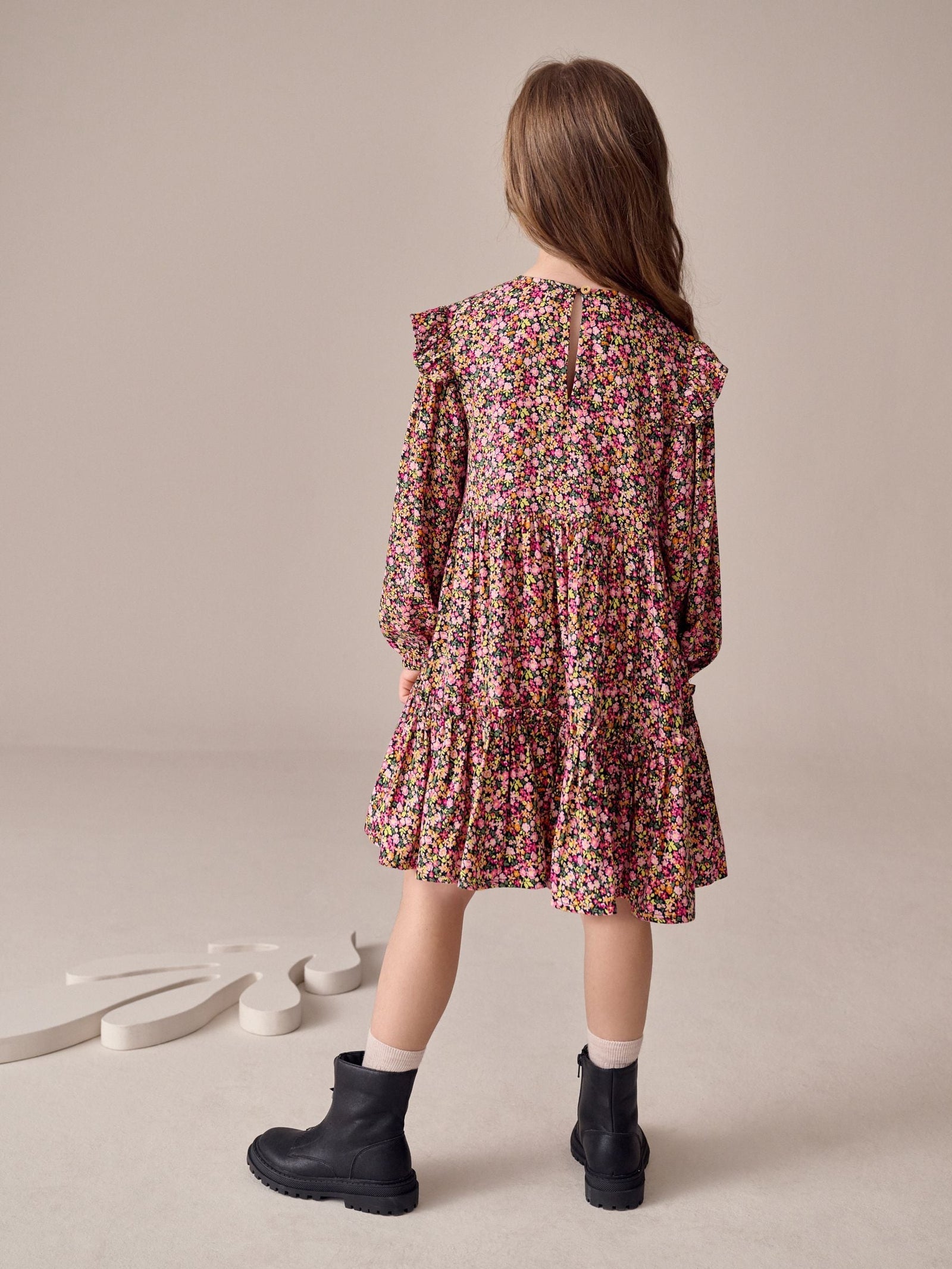 Berry Pink Ditsy Long Sleeve Ruffle Dress (3-16yrs)