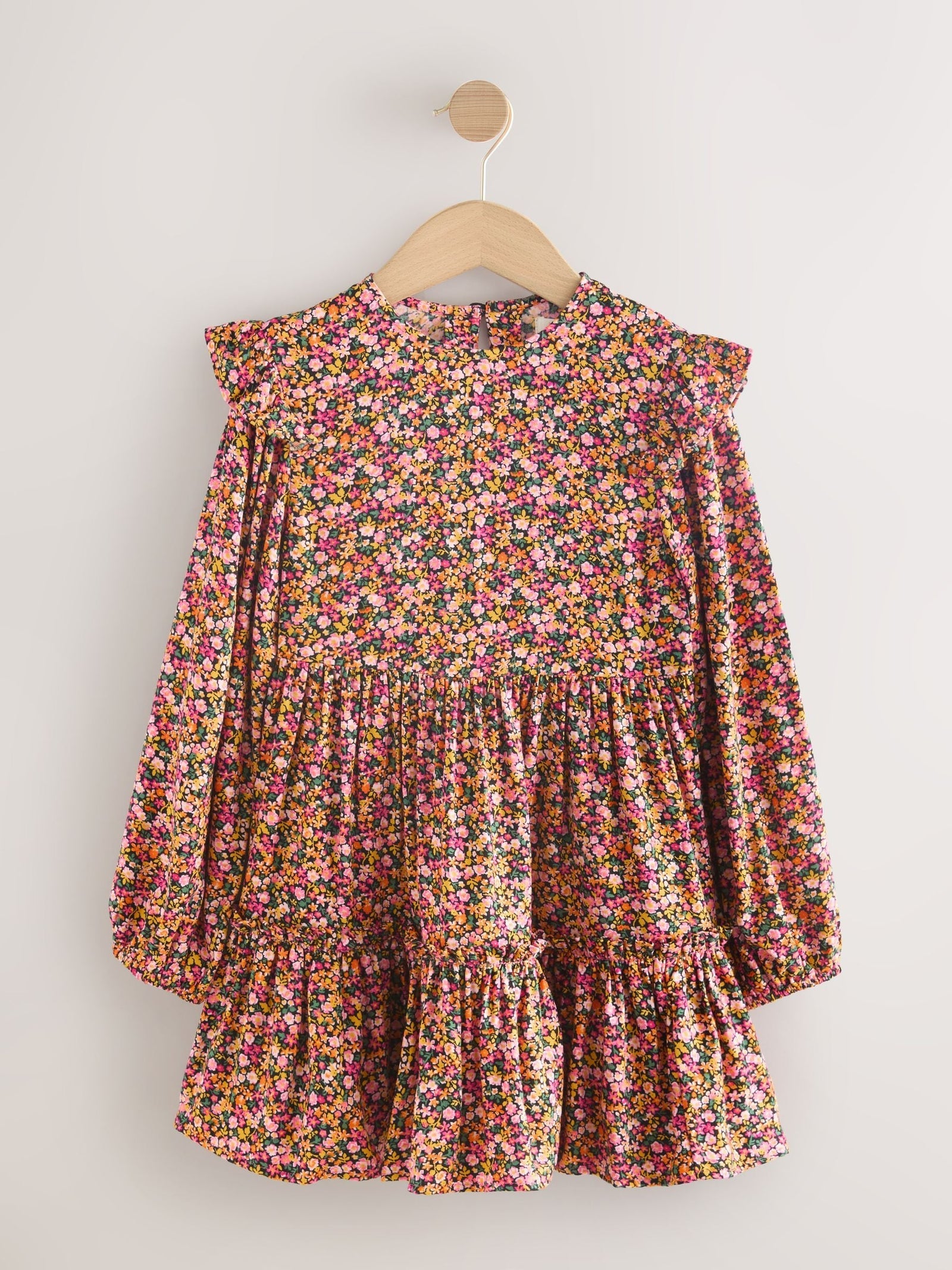 Berry Pink Ditsy Long Sleeve Ruffle Dress (3-16yrs)