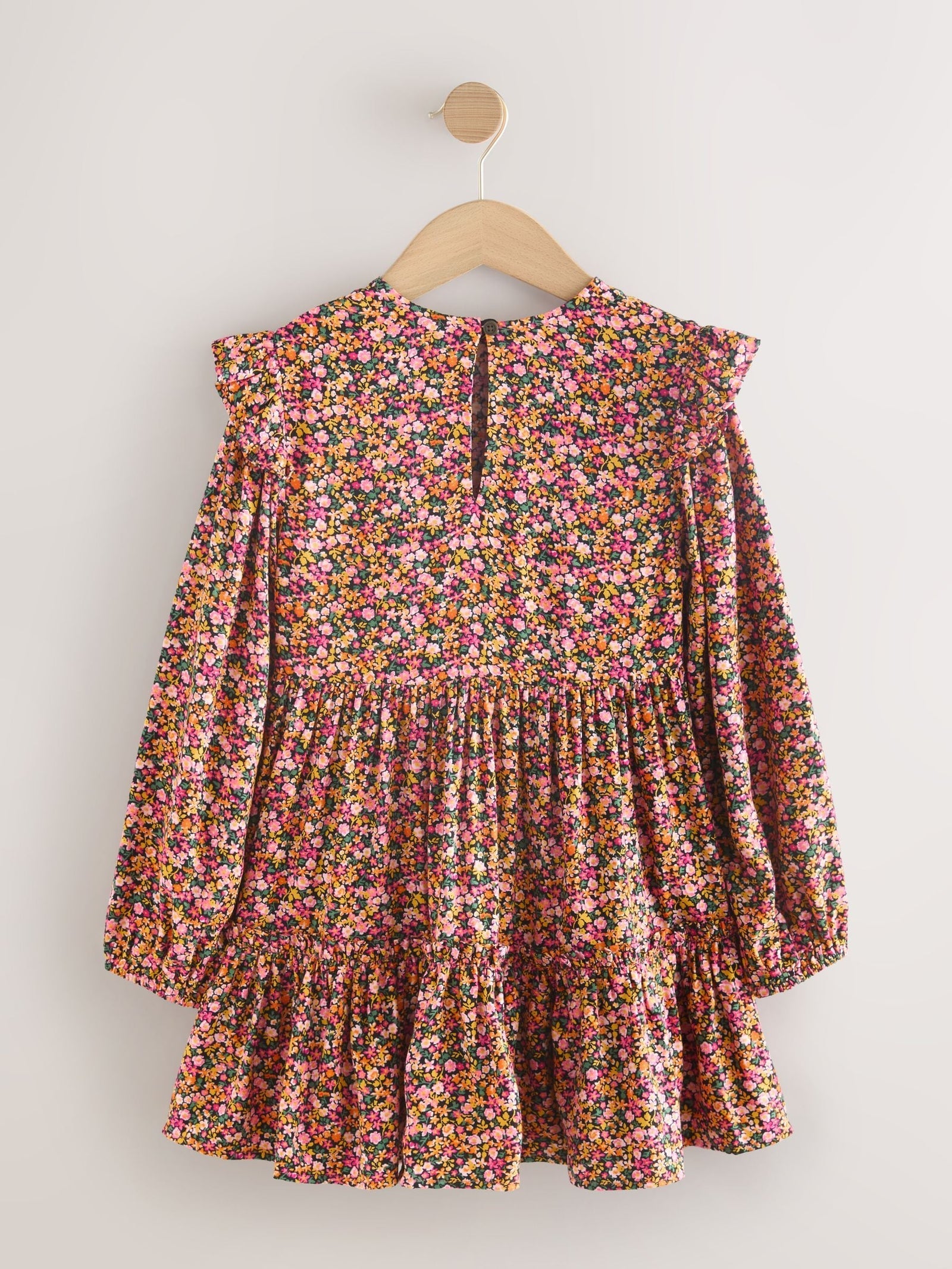Berry Pink Ditsy Long Sleeve Ruffle Dress (3-16yrs)
