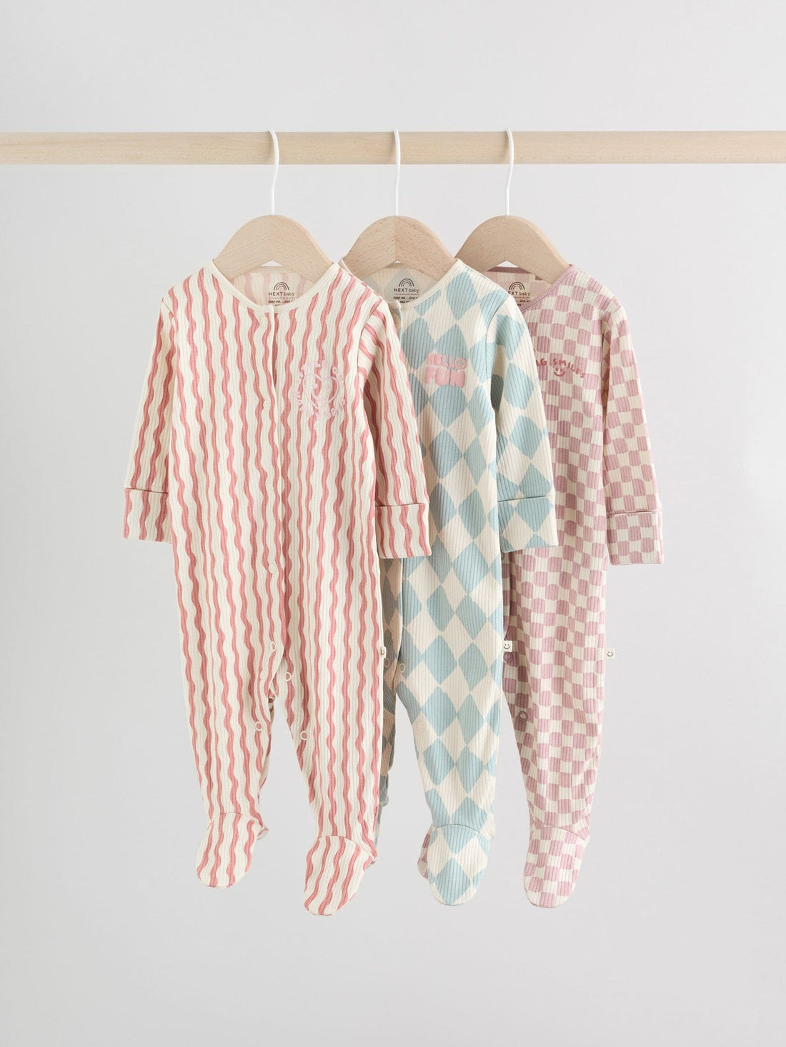 Multi Coloured Checkerboard Baby Sleepsuits 3 Pack immediate