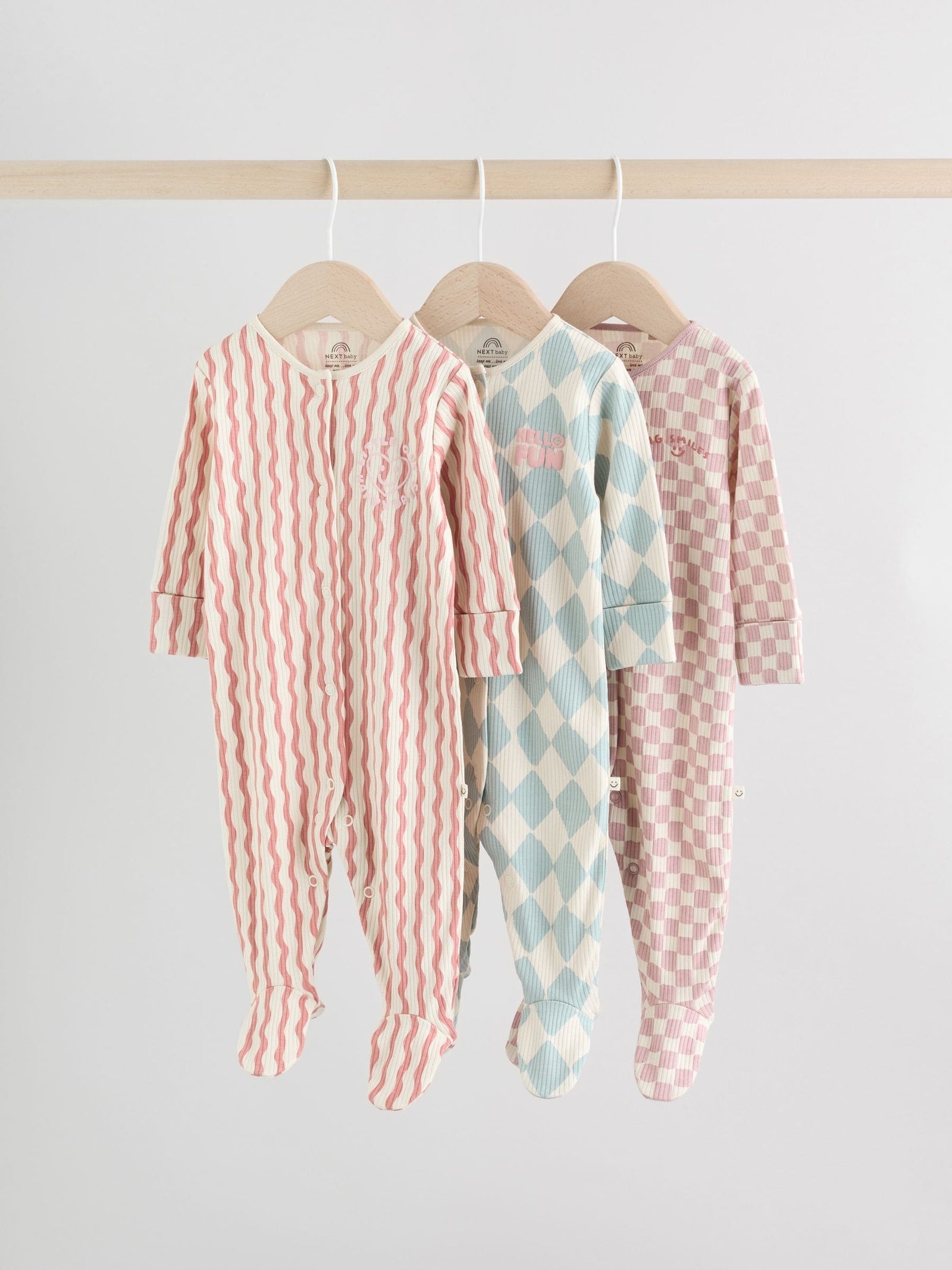 Multi Coloured Checkerboard Baby Sleepsuits 3 Pack immediate
