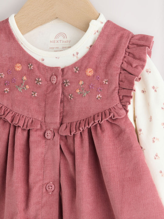 Pink Embroidered Baby Cord Pinafore Long Sleeve Bodysuit & Tights Set (0mths-2yrs)
