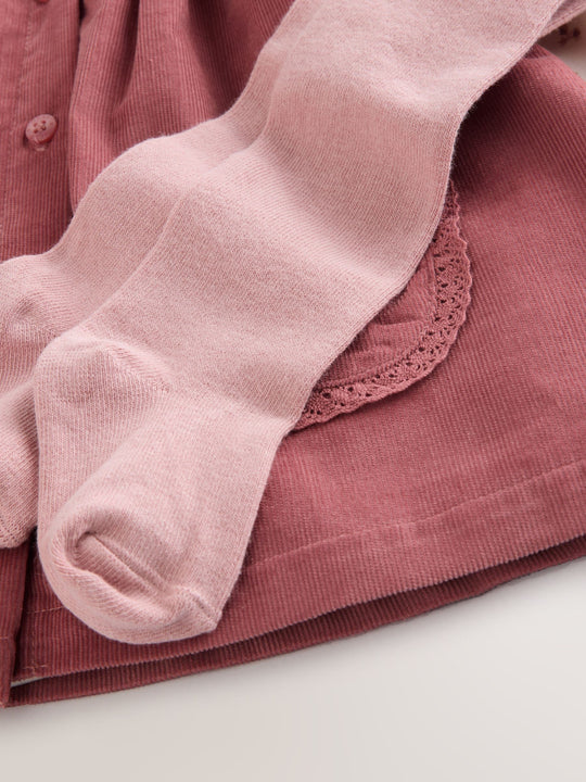 Pink Embroidered Baby Cord Pinafore Long Sleeve Bodysuit & Tights Set (0mths-2yrs)