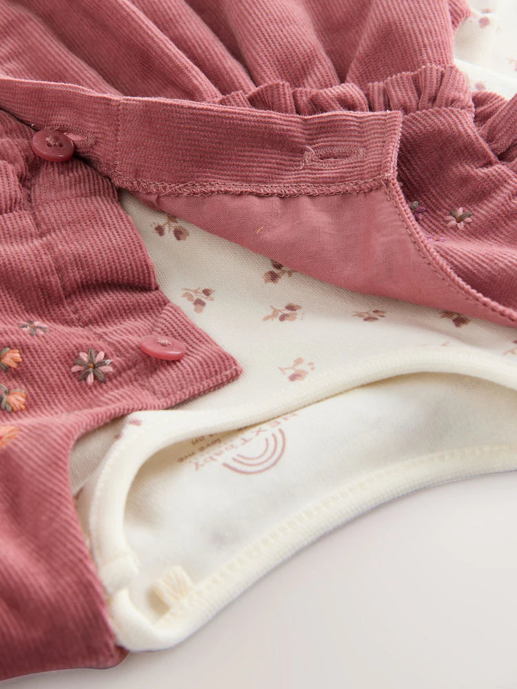 Pink Embroidered Baby Cord Pinafore Long Sleeve Bodysuit & Tights Set (0mths-2yrs)