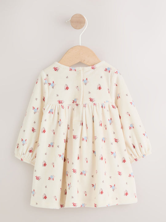 Cream Ditsy Baby Long Sleeve Velour Dress and Tights Set 2 Piece (0mths-2yrs)
