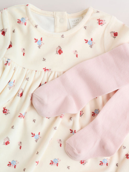 Cream Ditsy Baby Long Sleeve Velour Dress and Tights Set 2 Piece (0mths-2yrs)