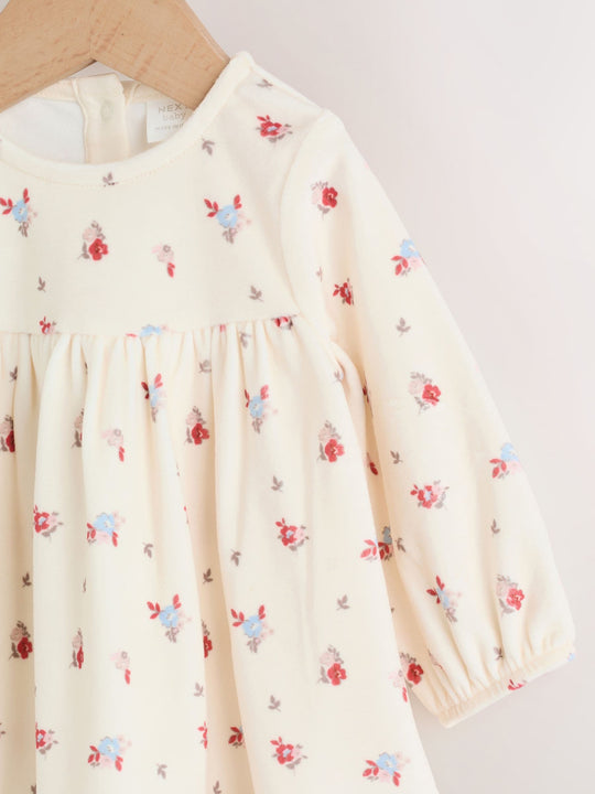 Cream Ditsy Baby Long Sleeve Velour Dress and Tights Set 2 Piece (0mths-2yrs)