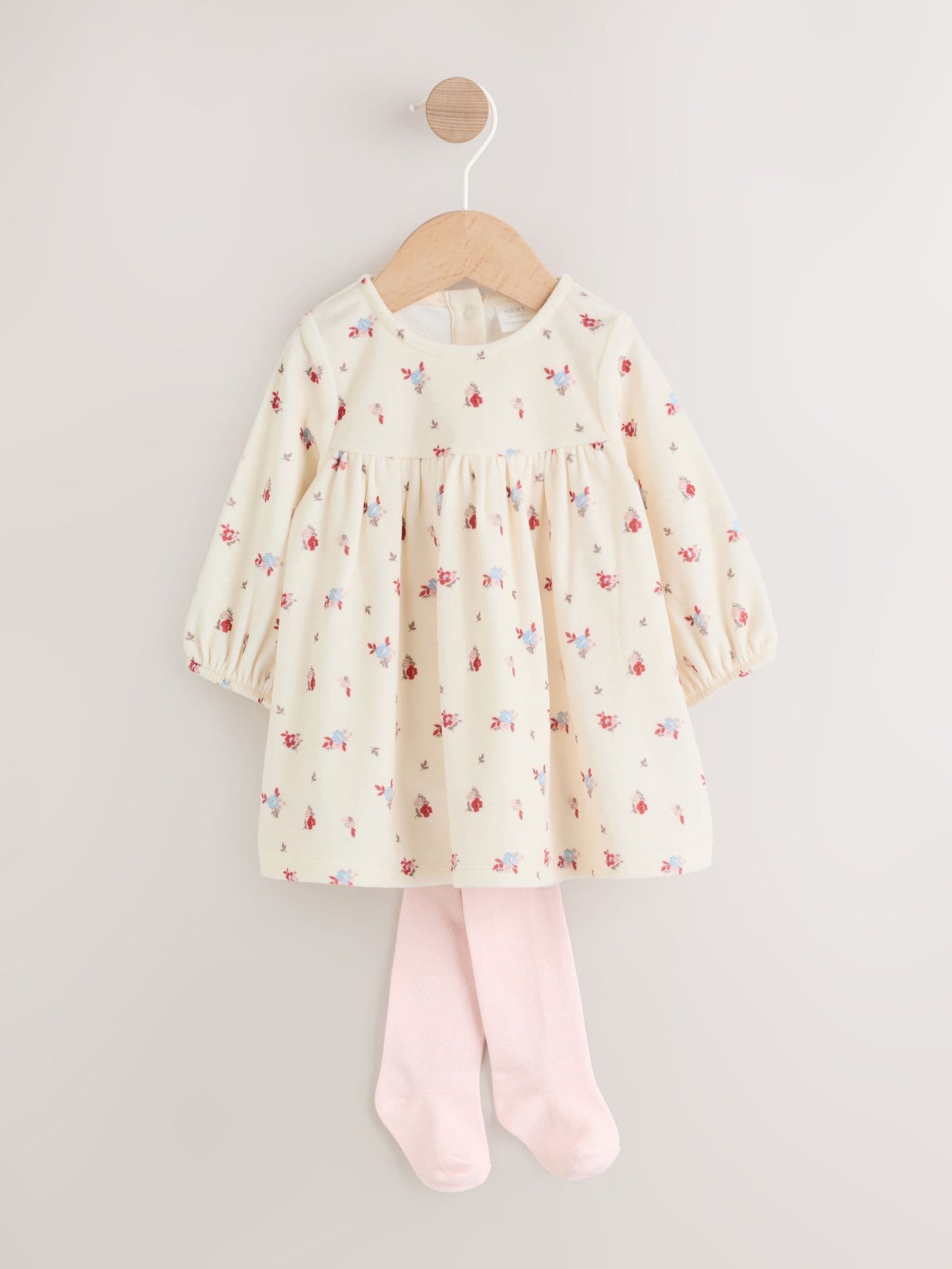 Cream Ditsy Baby Long Sleeve Velour Dress and Tights Set 2 Piece (0mths-2yrs)