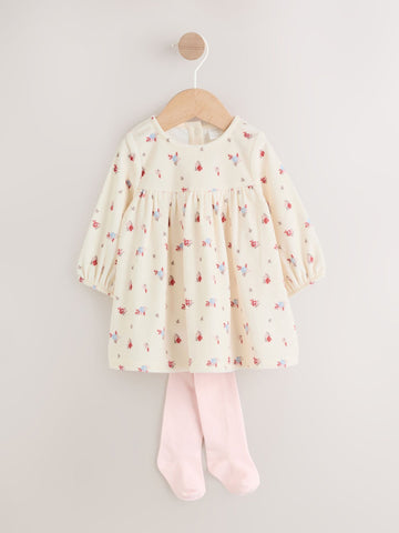 Cream Ditsy Baby Long Sleeve Velour Dress and Tights Set 2 Piece (0mths-2yrs)