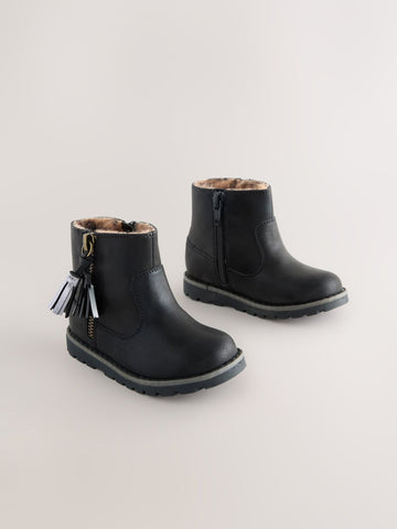 Black Wide Fit (G) Chelsea Zip Tassel Ankle Boots
