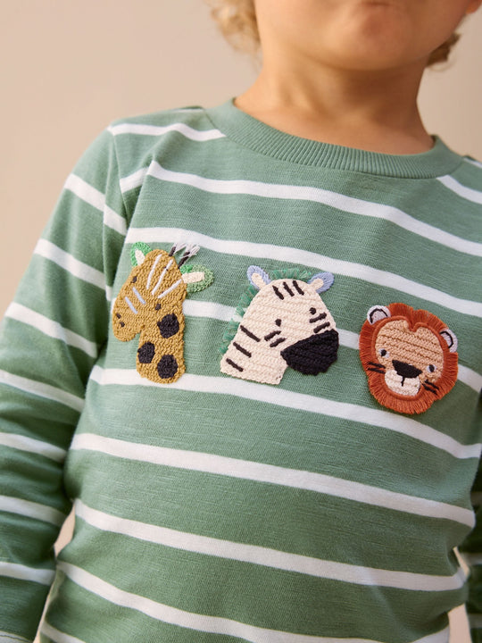 Green/White Stripe Safari Long Sleeve Appliqué T-Shirt (3mths-7yrs)