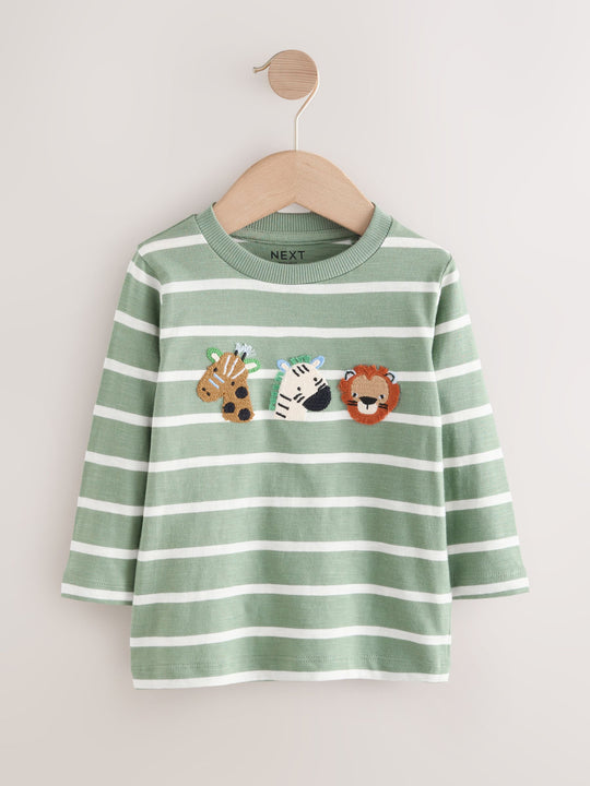Green/White Stripe Safari Long Sleeve Appliqué T-Shirt (3mths-7yrs)