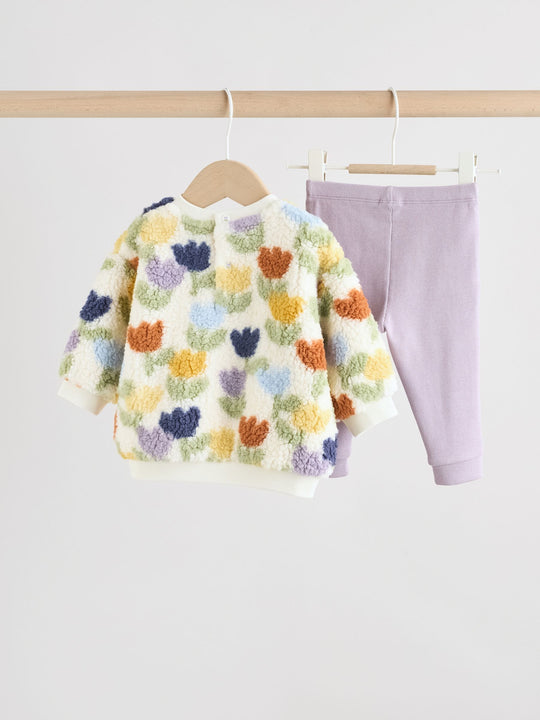 Cream/Purple Tulip Baby Fleece Tops and Leggings Set 2 Piece (0mths-2yrs)