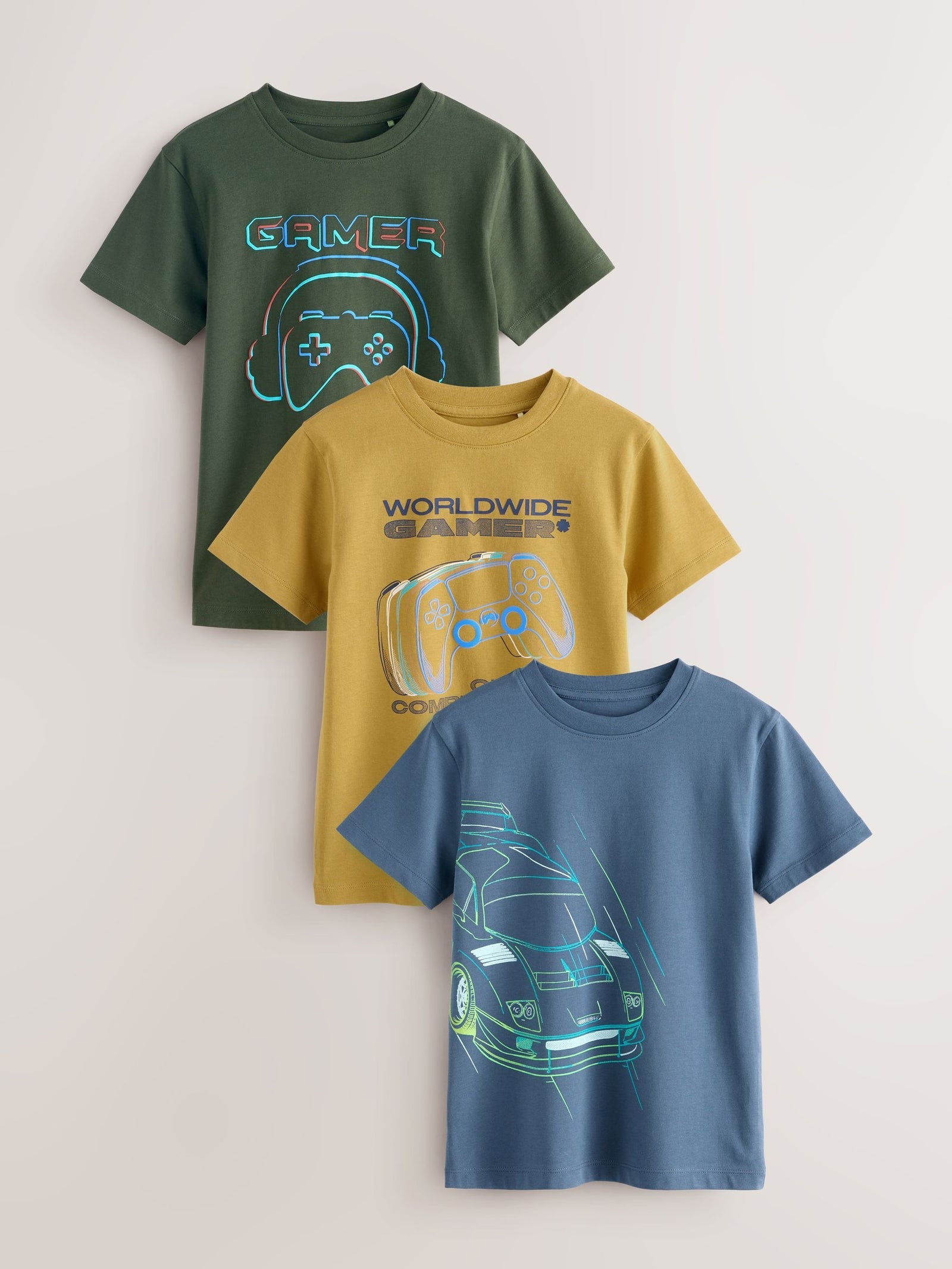 Blue/Green/Yellow Regular Fit Graphic Print Short Sleeve T-Shirts 3 Pack (3-16yrs)