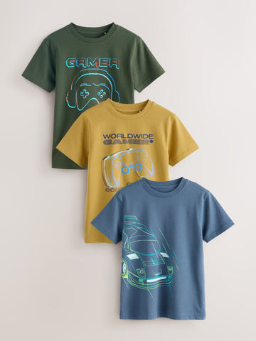 Blue/Green/Yellow Regular Fit Graphic Print Short Sleeve T-Shirts 3 Pack (3-16yrs)