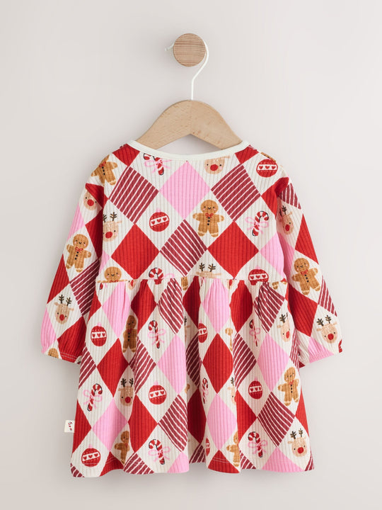 Red/Pink Harlequin Character Baby Christmas Jersey Dress (0mths-2yrs)