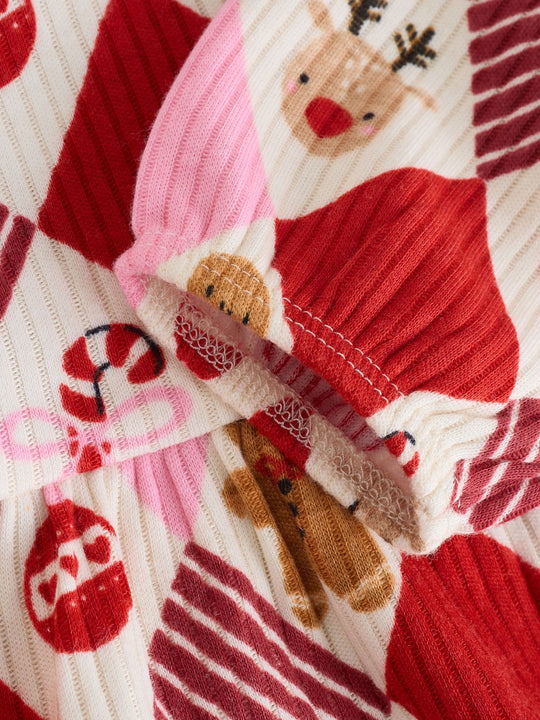Red/Pink Harlequin Character Baby Christmas Jersey Dress (0mths-2yrs)