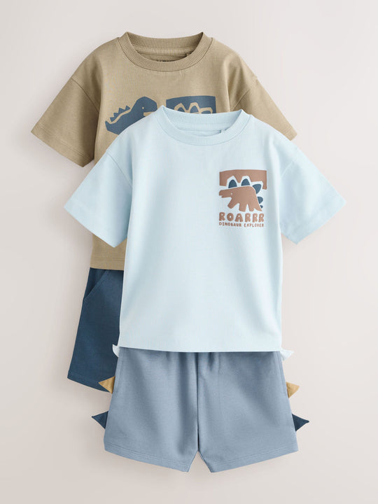 Blue/Brown Dinosaur Spikes Short Sleeve T-Shirt and Shorts Set 2 Pack (3mths-7yrs)