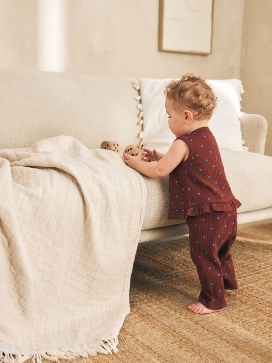 Chocolate Brown And Blue Spot Rib Baby Top And Wide Leg Trousers Set 2 Piece (0mths-2yrs)