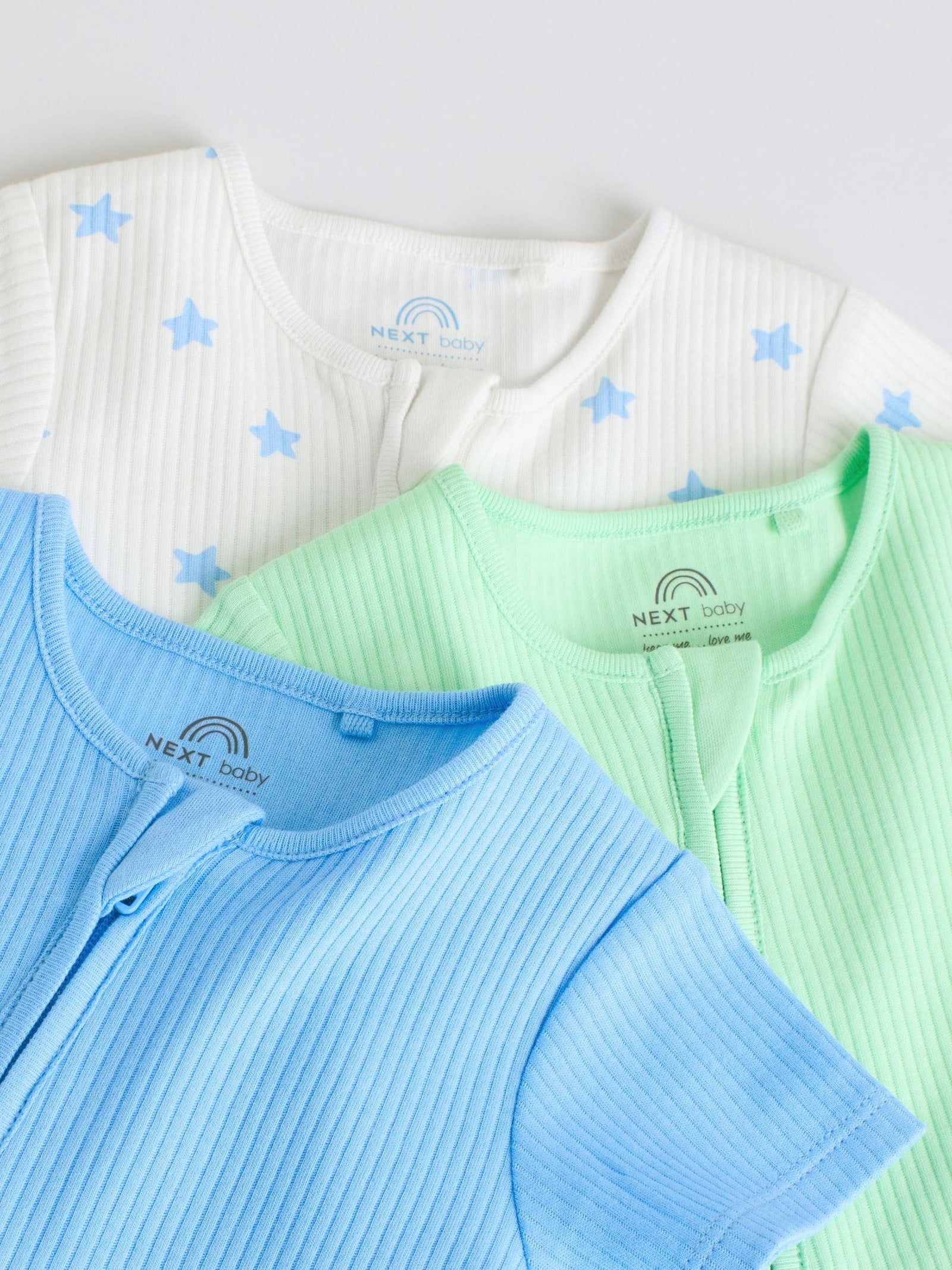 Blue Two Way Zip Baby Rompers 3 Pack (0mths-3yrs)
