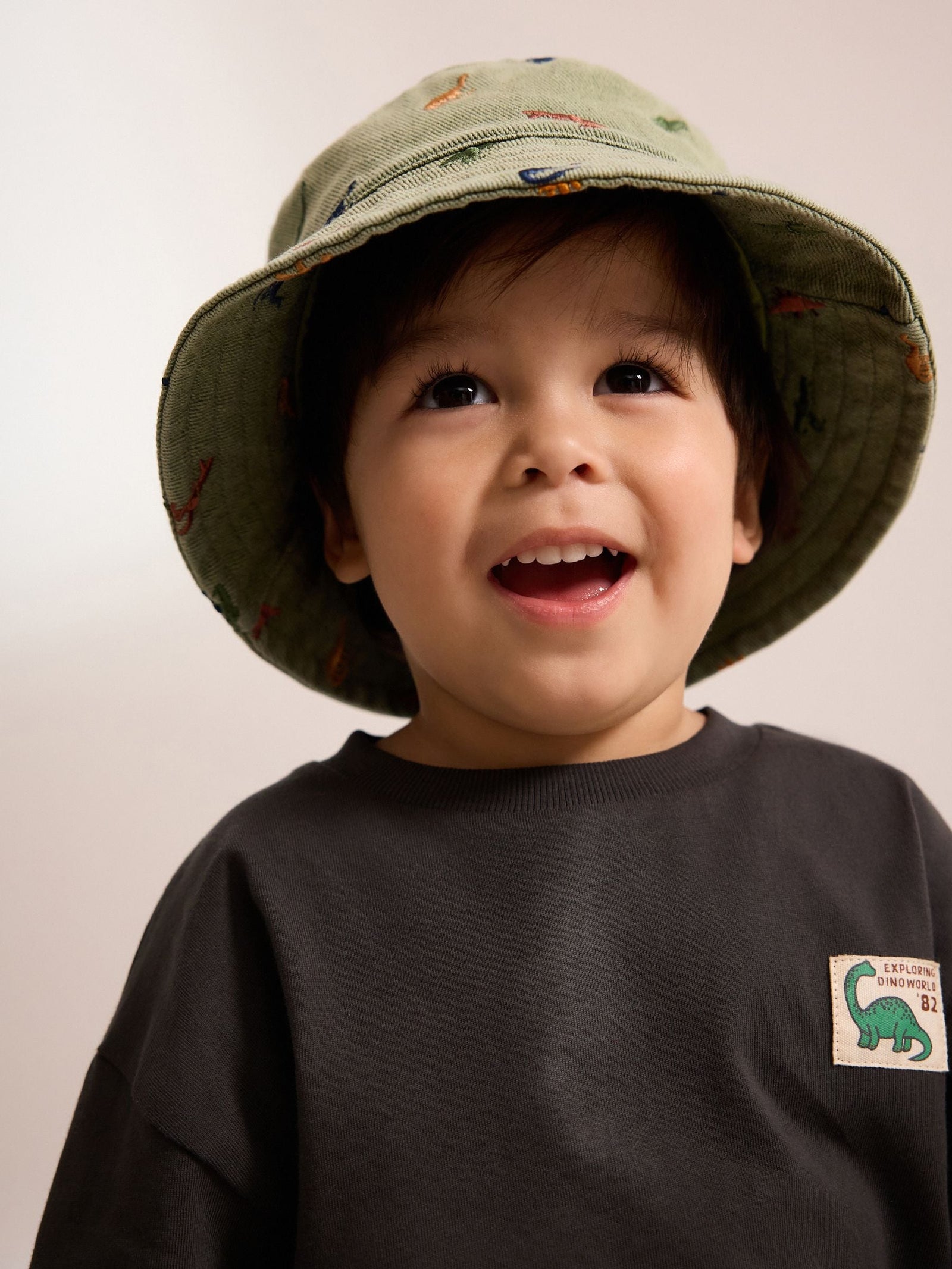 Khaki Green All-Over Embroidered Dinosaur Bucket Hat (3mths-10yrs)