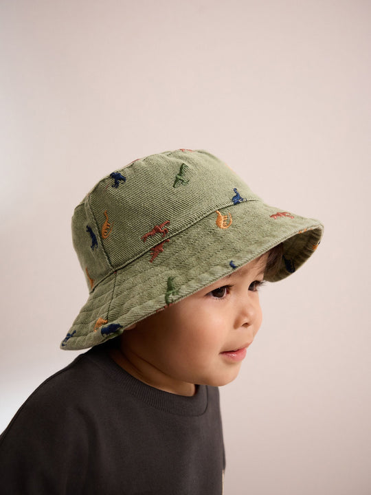 Khaki Green All-Over Embroidered Dinosaur Bucket Hat (3mths-10yrs)
