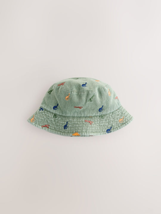 Khaki Green All-Over Embroidered Dinosaur Bucket Hat (3mths-10yrs)