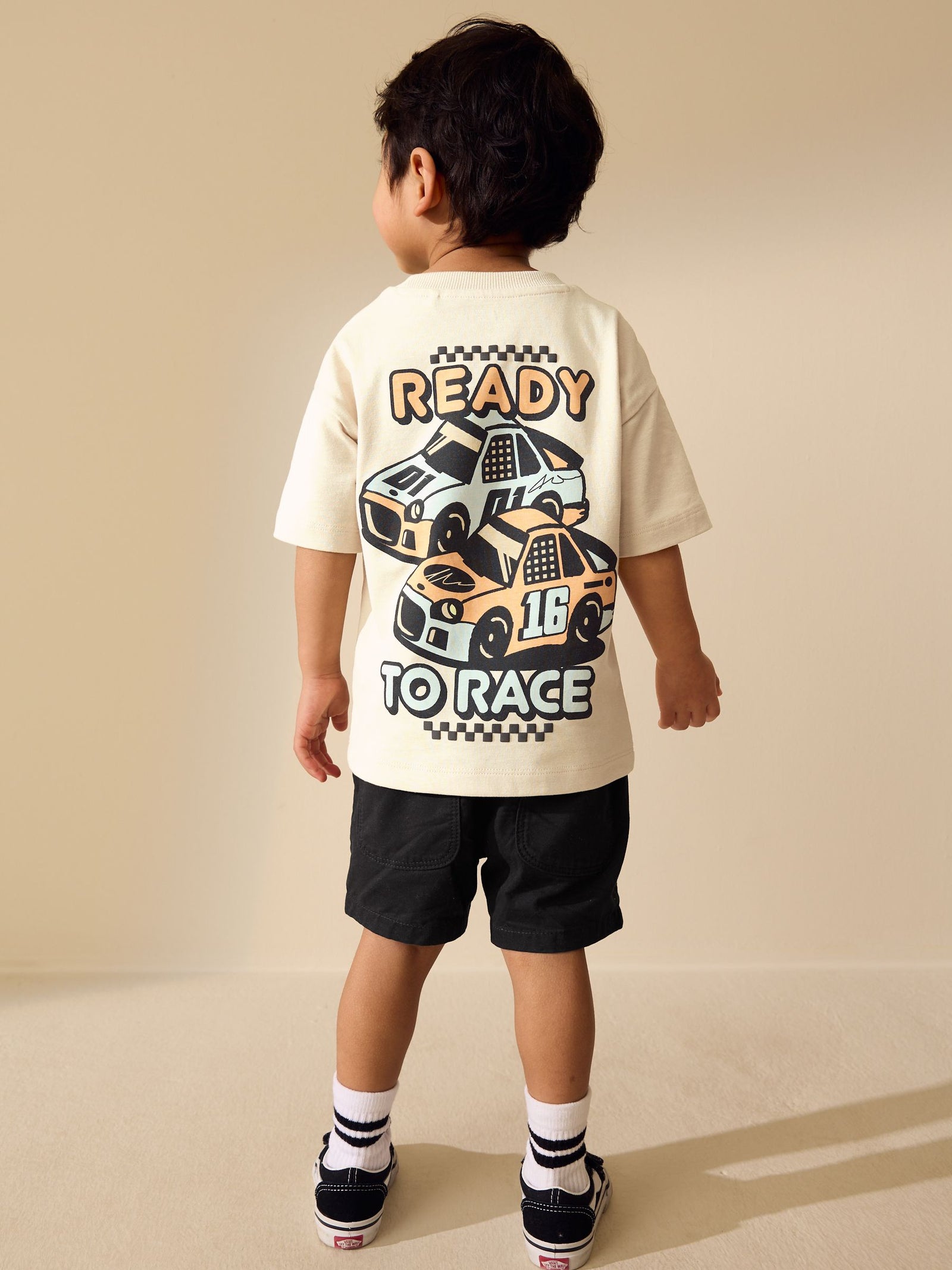 Cream Race Car Short Sleeve Back Print T-Shirt (3mths-7yrs)