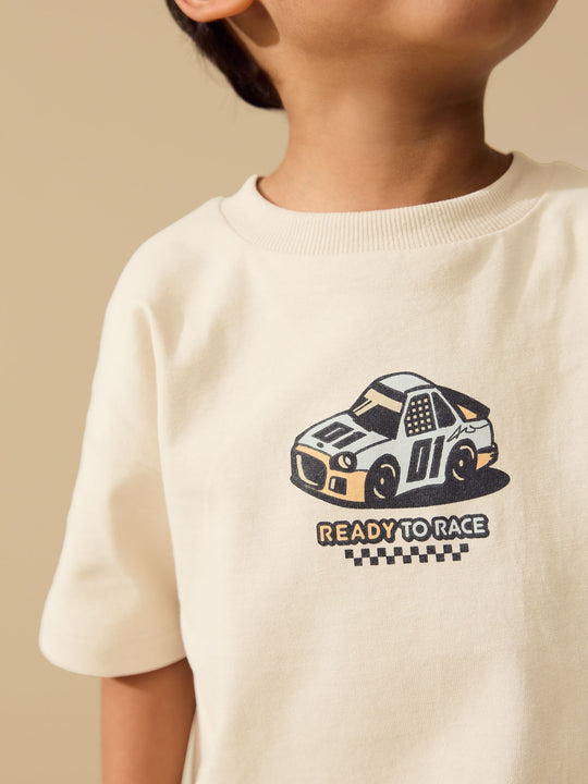 Cream Race Car Short Sleeve Back Print T-Shirt (3mths-7yrs)