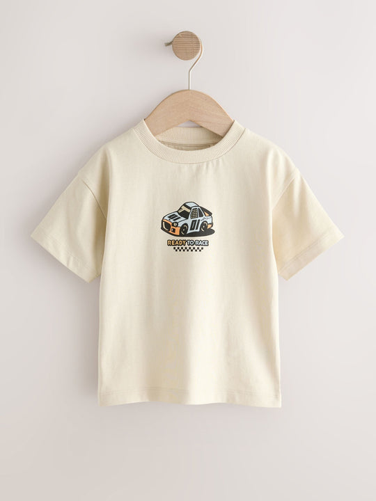 Cream Race Car Short Sleeve Back Print T-Shirt (3mths-7yrs)