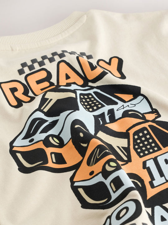 Cream Race Car Short Sleeve Back Print T-Shirt (3mths-7yrs)