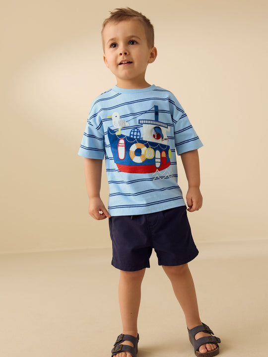 Blue Stripe Sealife Boat Short Sleeve Interactive T-Shirt (3mths-7yrs)