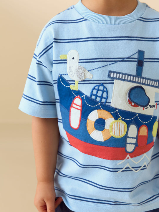 Blue Stripe Sealife Boat Short Sleeve Interactive T-Shirt (3mths-7yrs)