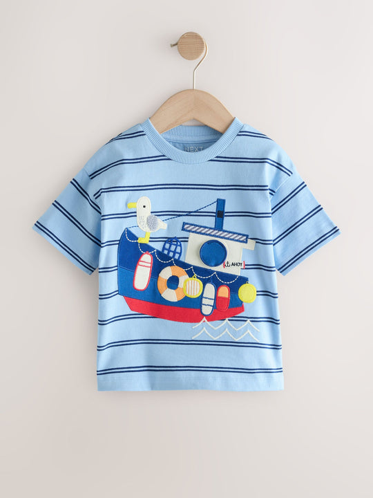 Blue Stripe Sealife Boat Short Sleeve Interactive T-Shirt (3mths-7yrs)