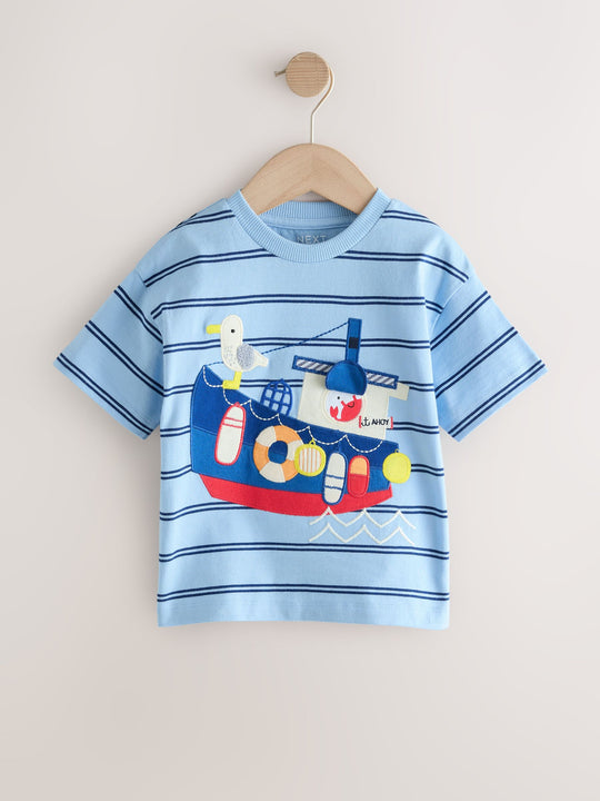 Blue Stripe Sealife Boat Short Sleeve Interactive T-Shirt (3mths-7yrs)