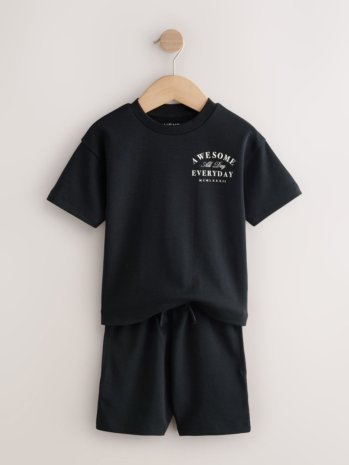 Black/Cream Slogan Backprint Short Sleeve T-Shirt and Shorts Set 2 Pack (3mths-7yrs)