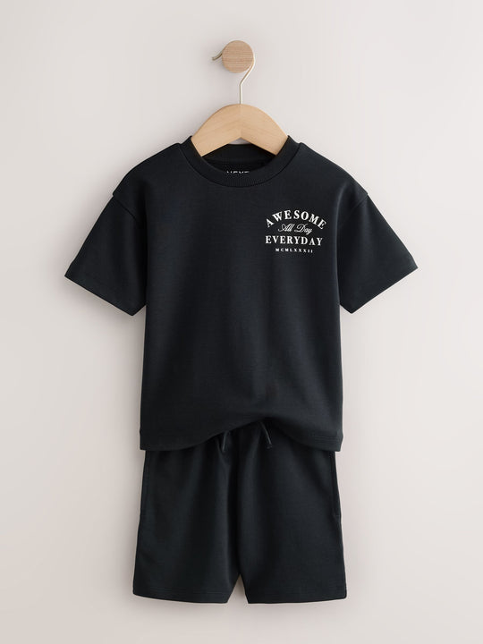 Black/Cream Slogan Backprint Short Sleeve T-Shirt and Shorts Set 2 Pack (3mths-7yrs)