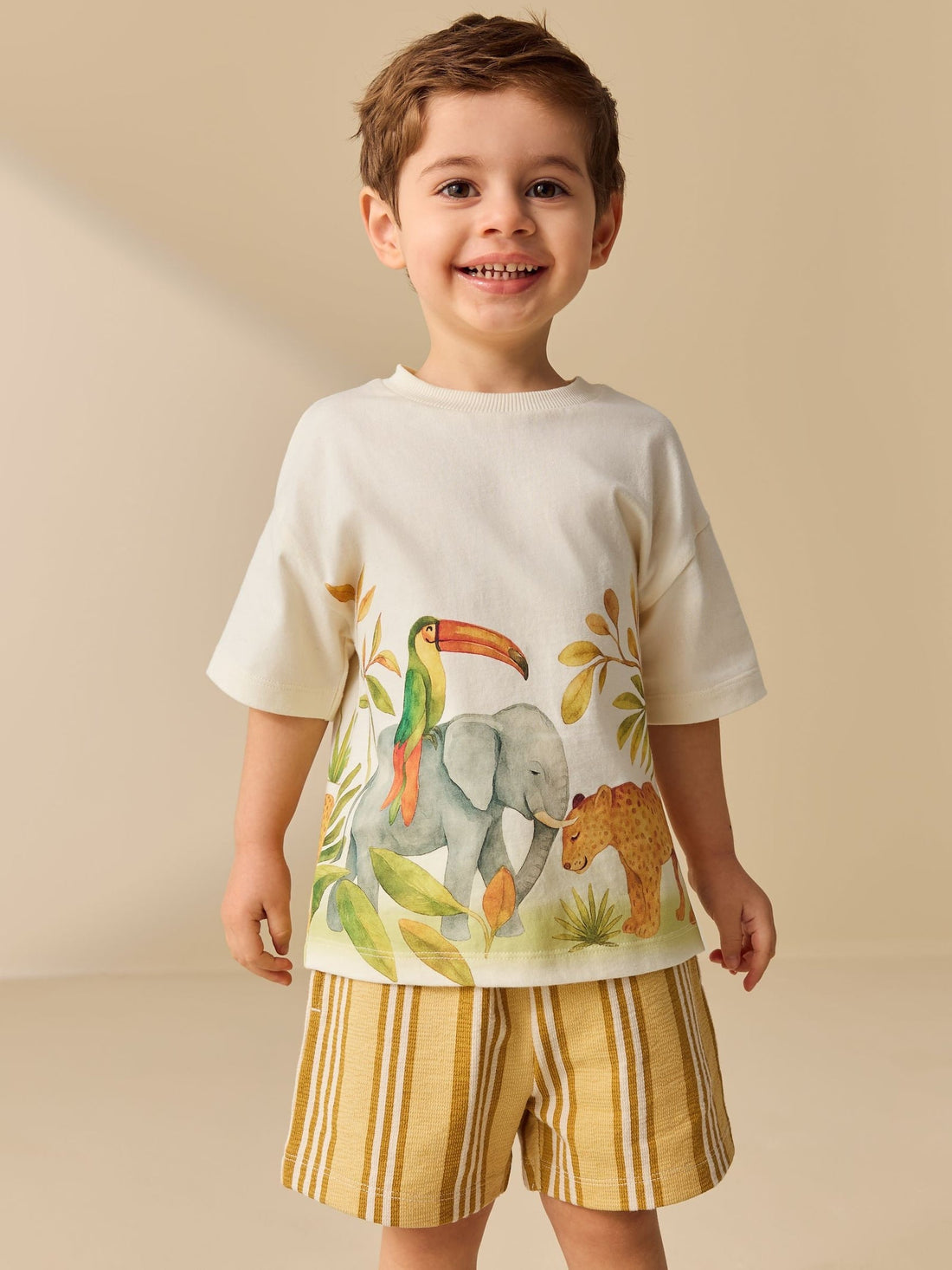 Light Yellow Watercolour Safari Short Sleeve Back Print T-Shirt and Shorts Set (3mths-7yrs)