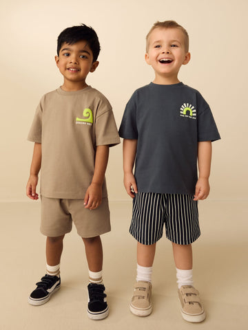 Black/Tan Waves Short Sleeve T-Shirt and Shorts Set 2 Pack (3mths-7yrs)